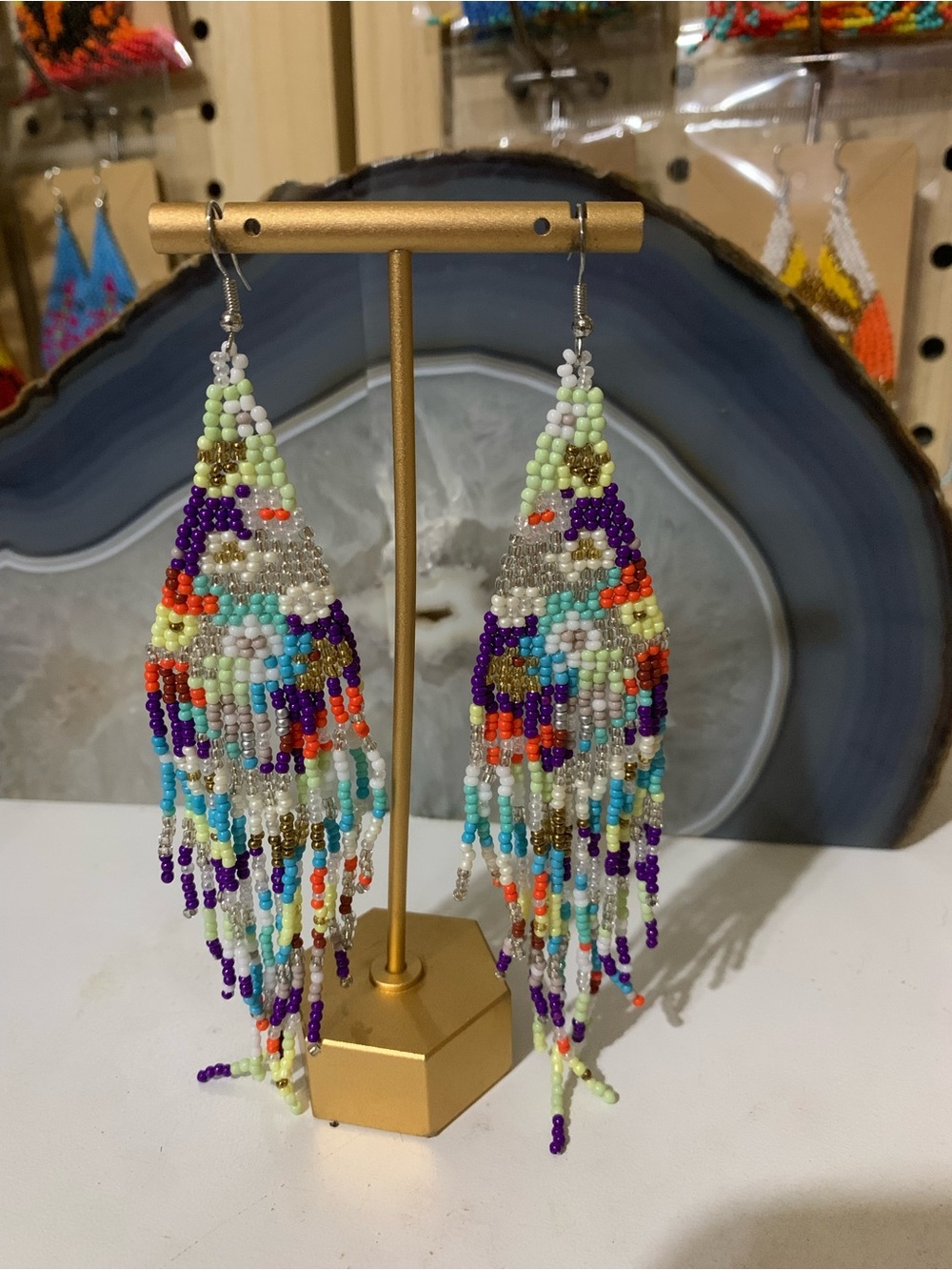 Boho Multicolor Beaded Fringe Earrings - Vibrant Purple, Turquoise & Orange